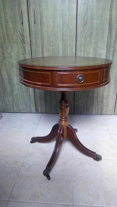 Round Side Table With Three Drawers, Antique Round Leather Top Table
