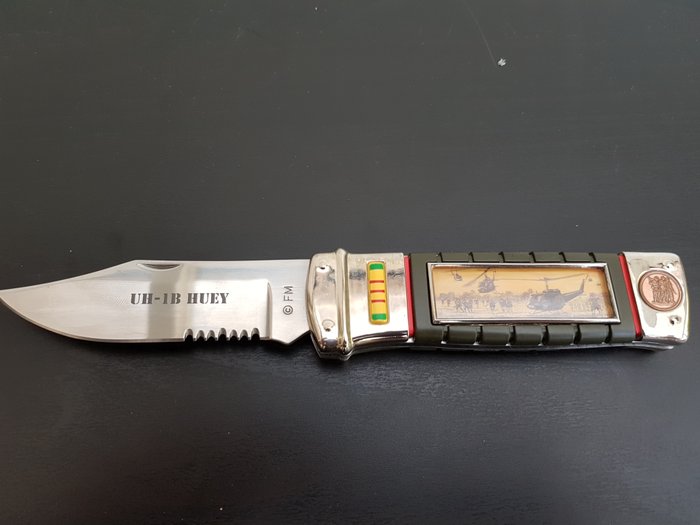 Limited edition Franklin Mint pocket knife with an image of the legendary UH-1B HUEY Helicopter