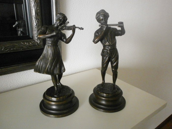 Two Detailed Bronze Statues Musicians "Flute Player / Violinist"