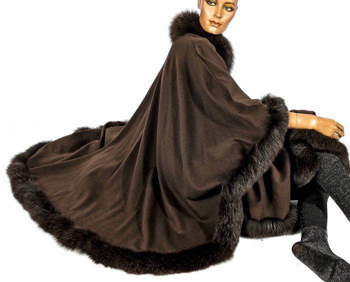 The Cathalo Paris luxury wool coat with cashmere angora fox fur trim cape poncho swinger