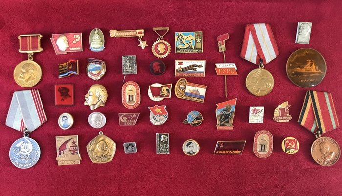 Large (39 pieces) collection of Russian Communist CCCP pins and badges and medals