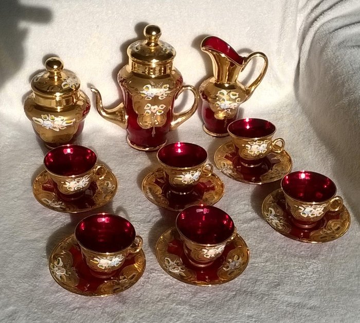 Venetian Murano Tea / Coffee Set hand blown and hand painted ruby red glass and 24K GOLD 