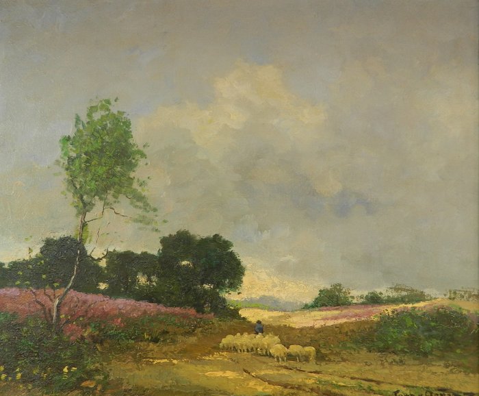 Toon van Ooyen (1885-1954) - Heathland landscape with shepherd and flock