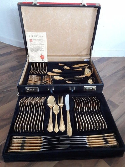 Nivella Solingen - 70 piece gold plated luxury cutlery set - cutlery for 12 people - 23/24 karat - 1000 fine gold - unused - hard gold plated - in original black box