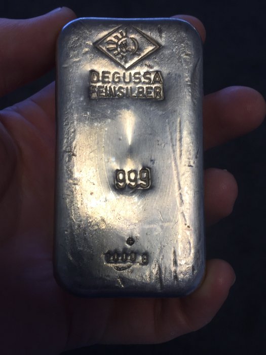 Deutschland - Degussa - 1 Kg / 1000 Gramm 999 Silberbarren / Silber - Historischer alter gegossener Barren - Eingeschweißt 