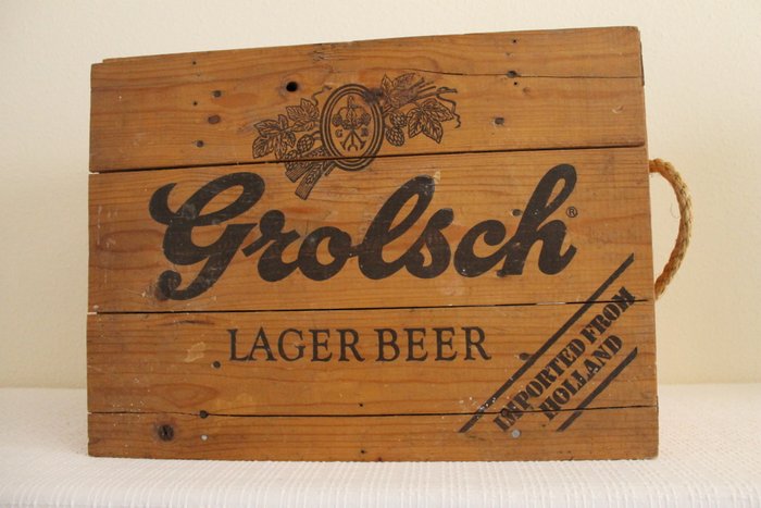 Old wooden export chest for Grolsch beautifully decorated.