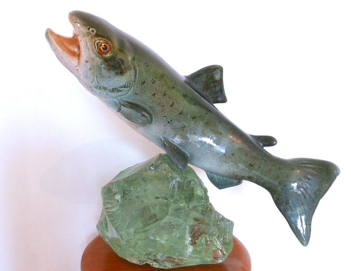 Large "Trout" earthenware and glass sculpture by the French ceramist Raymond Gangloff