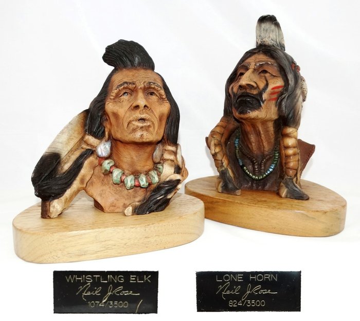 Two Indians statues, signed and numbered, NEIL J. ROSE limited edition