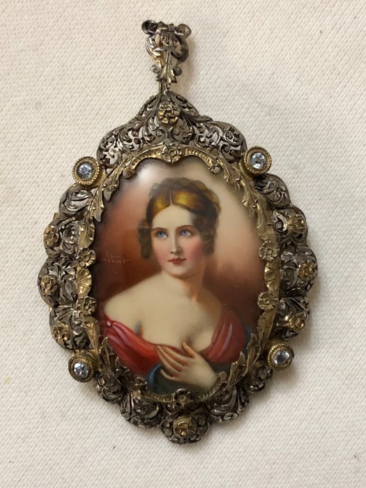 Brooch/pendant in 800 silver and 750 gold - Central miniature painting