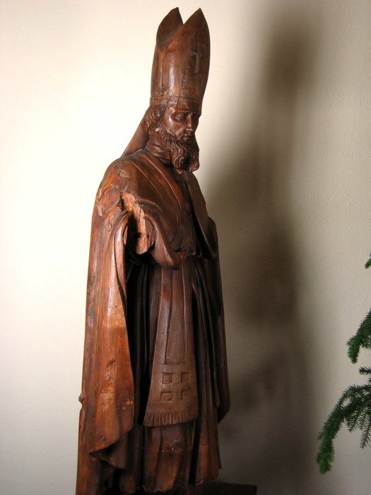 Indrukwekkend antiek houten beeld van heilige Sint Nicolaas - ca 1800