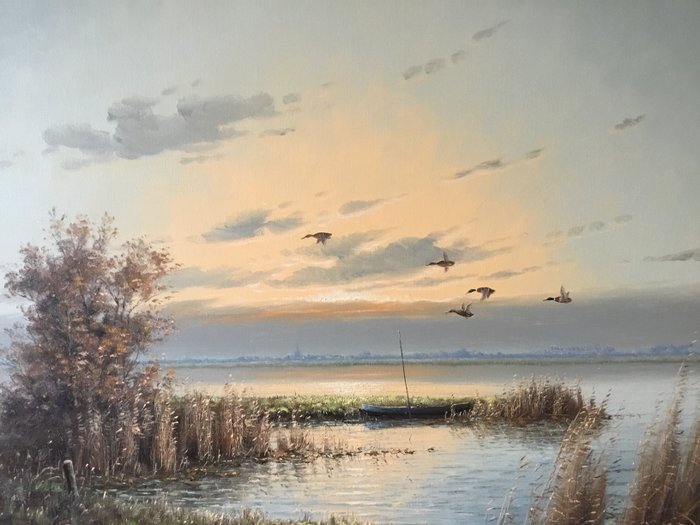 Gien van der Velde / Gien Brouwer ( 1944 - ) - Flying ducks above a lake in the afterglow