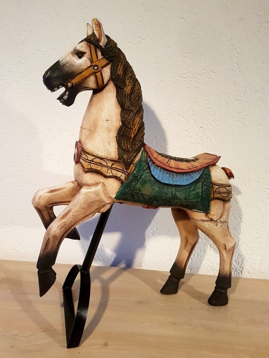 Nostalgic large old wooden fairground carousel horse - handmade and painted in polychrome colours