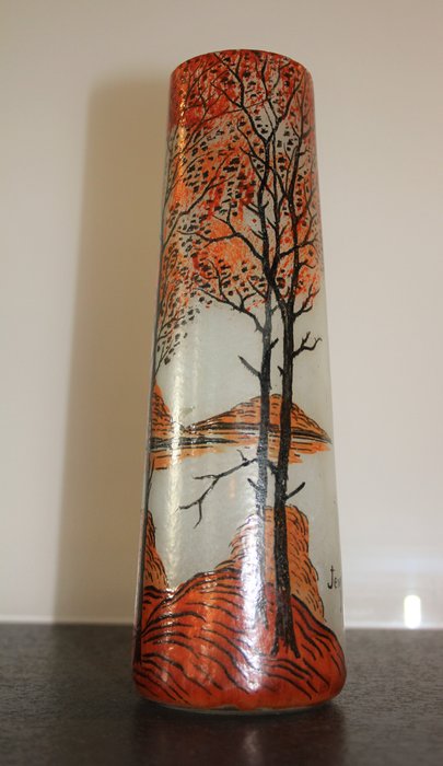 JEM - Art Deco vase made of enamelled glass decorated with a woodland scene