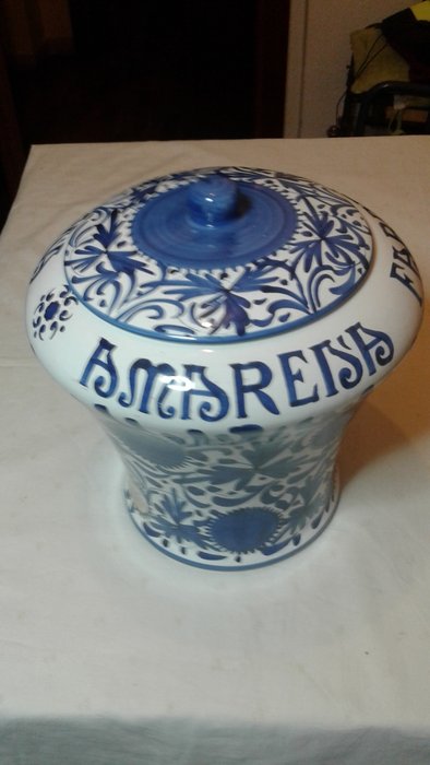 Vaso in ceramica decoro monocromo blu. Amarena Fabbri di Bologna. 