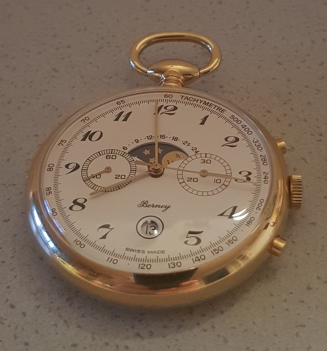 Henri Berney, Switzerland - fine pocket watch with chronograph, date and moon phase - circa 1995
