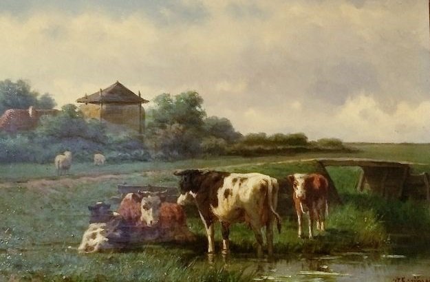 Willem Kooiman (1831-1881 ) - Landschap met koeien-