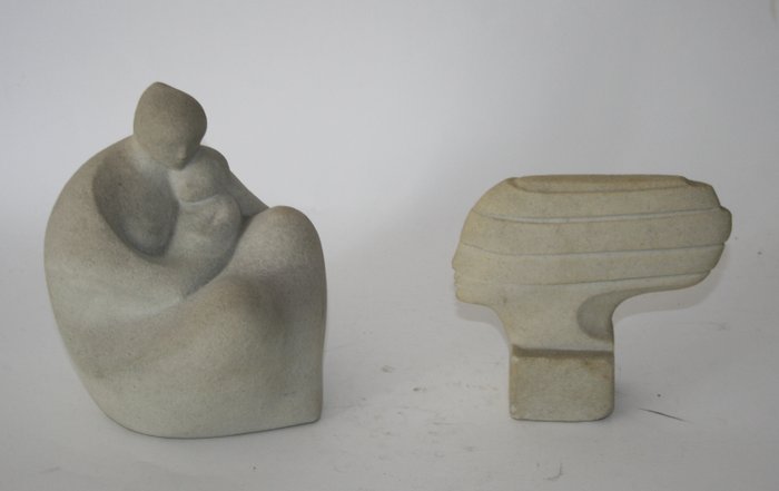 Marbell Stone art Belgium, 2 Sculptures, Woman with child and Futurist