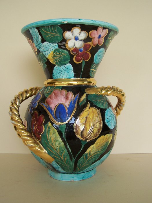 Ceramic Vallauris Monaco signed large vase with decoration of flowers in enamel and gold