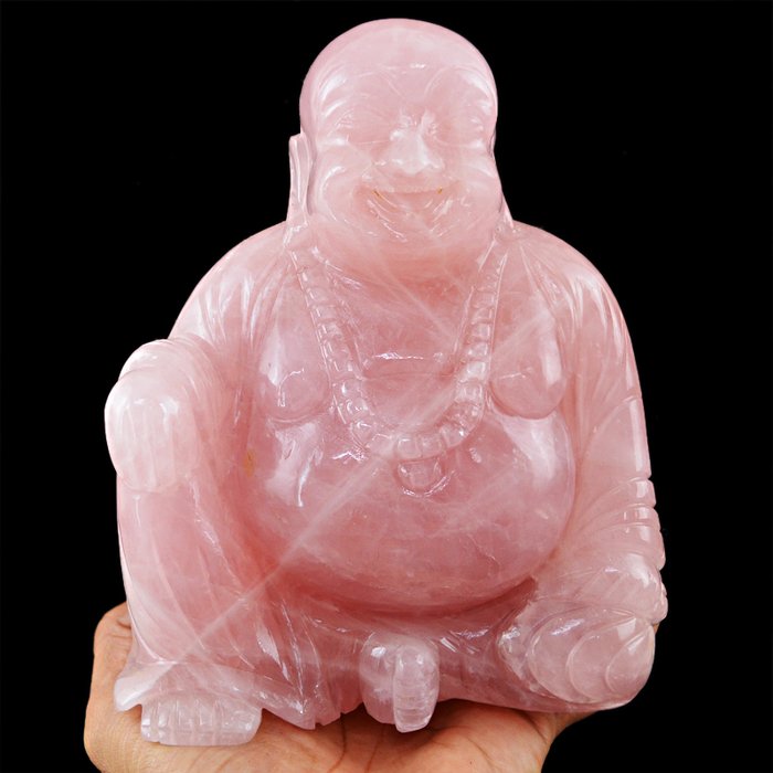 Natural Pink Rose Quartz Sculpture Laughing Buddha Single Stone Art Work Statues 