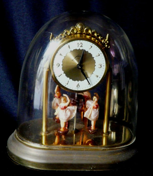 Vintage mechanical Johmid Germany clock with 4 rotating female dancers, 2nd half of the 20th century