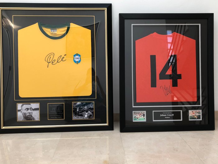 Framed jersey signed by Pelé (Brazil) with an A1 certificate and framed jersey signed by Johan Cruyff (RIP) with an Up North certificate
