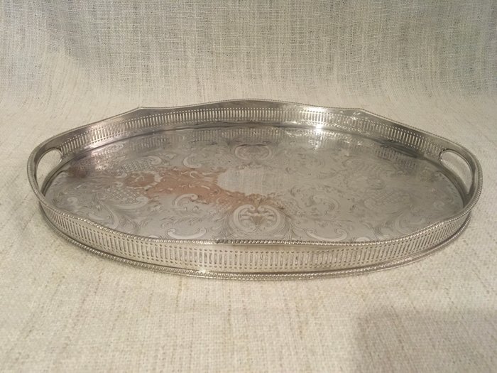 Vintage silver plate on copper gallery tray with Pierced raised border , Sheffield England , first half of 19th century century 