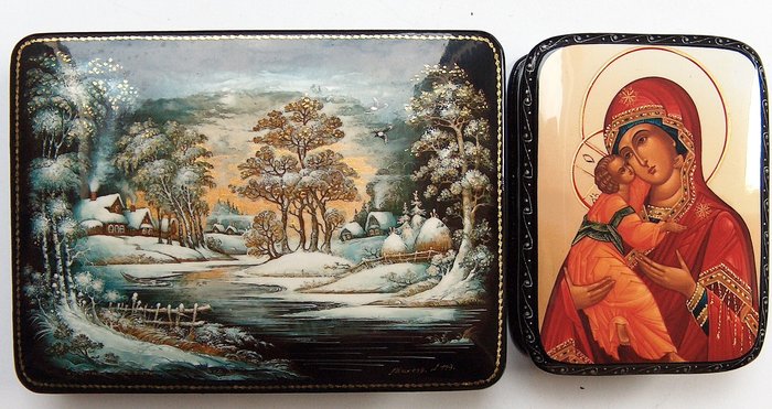 Russian 2 lacquer boxes - “Fedoskino” – “Winter Village” and “Palekh Miniature ”–“ Icons of the Mother of God”