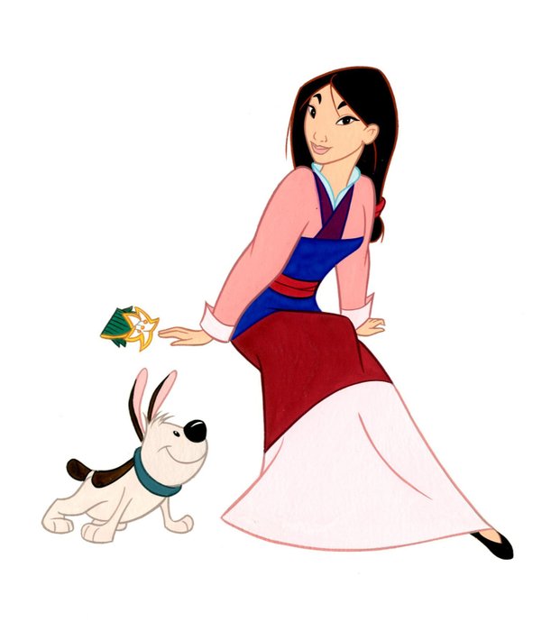 Original drawing of Mulan sitting in a dress, and her father standing.