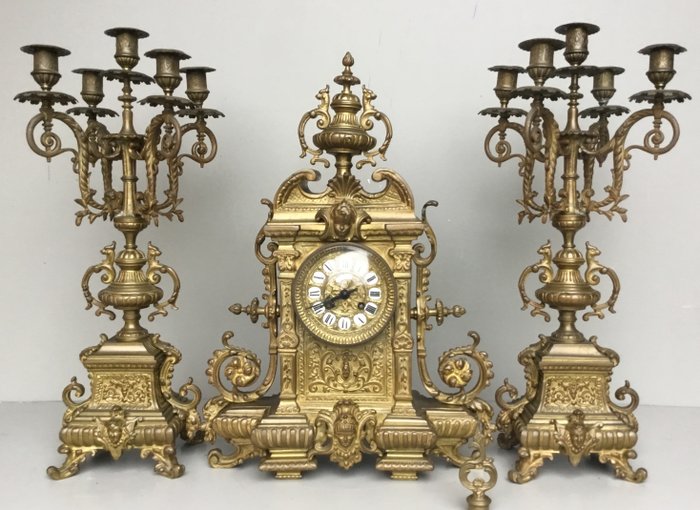 French 3-piece bronze clock set, H. RIONDET, circa 1885