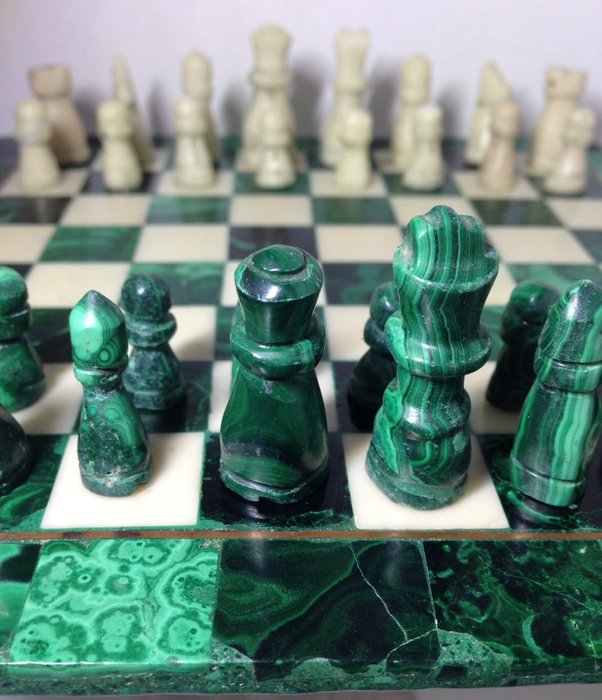 Malachite and Marble Chess set, solid hand carved stone with copper inlay detail.