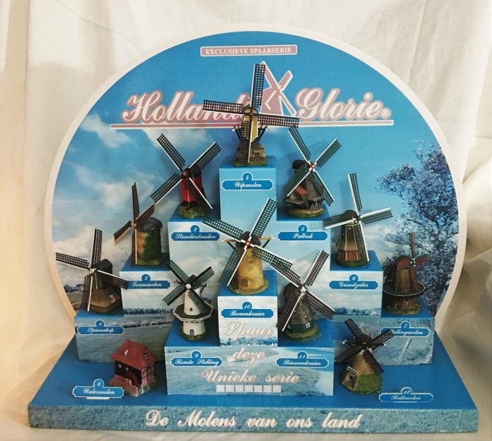 Hollands Glorie, complete miniatures series of 12 Dutch windmills including rare display with Dutch skies