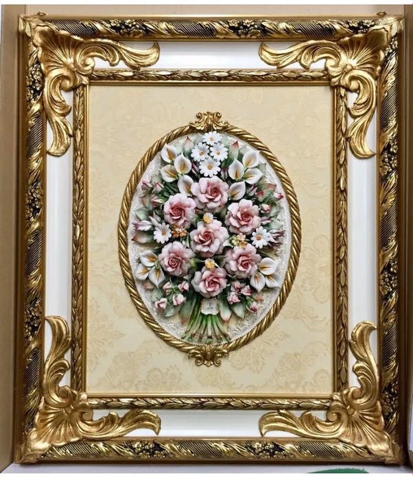 Classic Capodimonte Porcelain Picture 70 x 60 cm composed of Roses and mixed Flowers