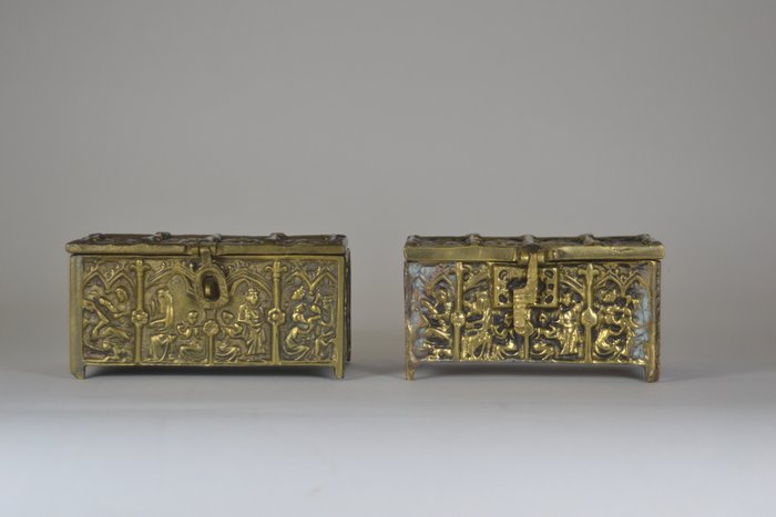 Two neo-Gothic bronze or copper caskets Apostle with biblical scenes-ca. 1900