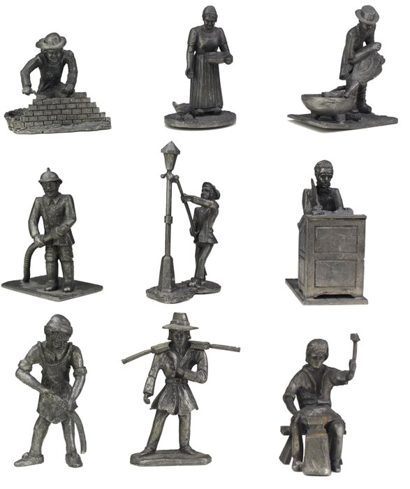Nine pewter figurines of old Dutch trades - e.g. Daalderop and Real Holland Pewter, Netherlands, second half 20th century.