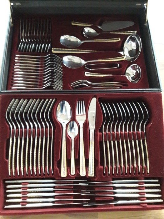 Nivella Solingen - 70 piece gold-plated luxury cutlery set - cutlery for 12 people - 23/24 karat - 1,000 fine gold - unused - in original black box