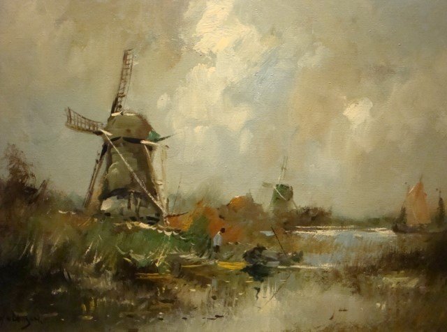 Harry van Dongen (1909) - Hollands water landschap met molens en boten