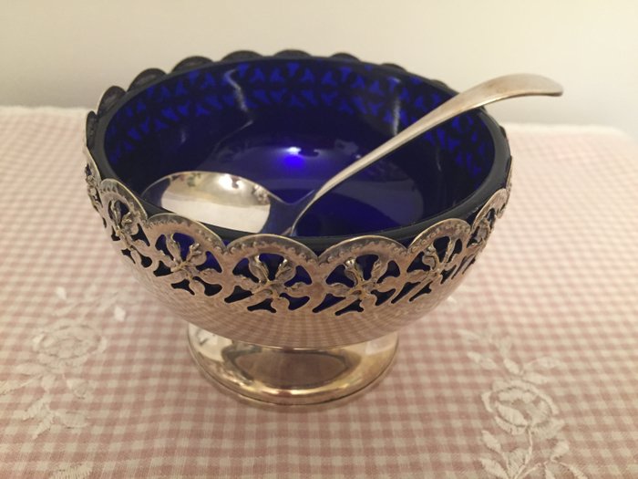 Cobalt blue glass silver plated sugar bowl and sugar spoon