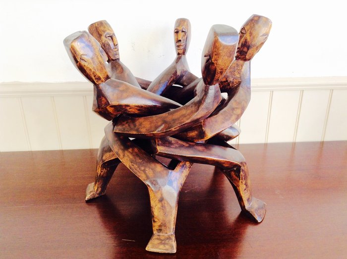 Large Five-head African Unity Wood Carving