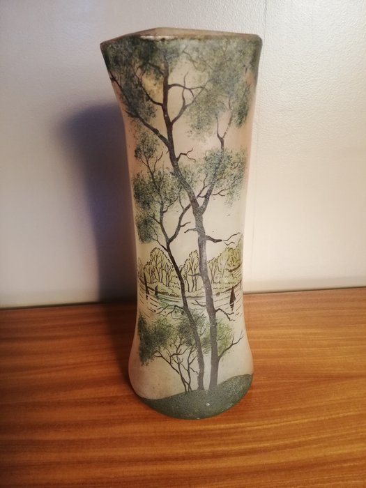 Vaso de pasta de vidro - Peint à la main & émaillé à décor lacustre