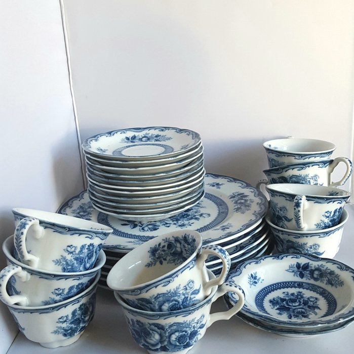 Blue Rose Fine China - Porcelain tableware set, white with blue flowers