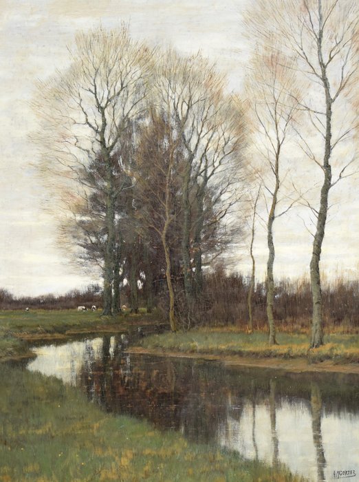 A.M. Gorter (1866-1933) - Landschap met beek en koeien in de verte