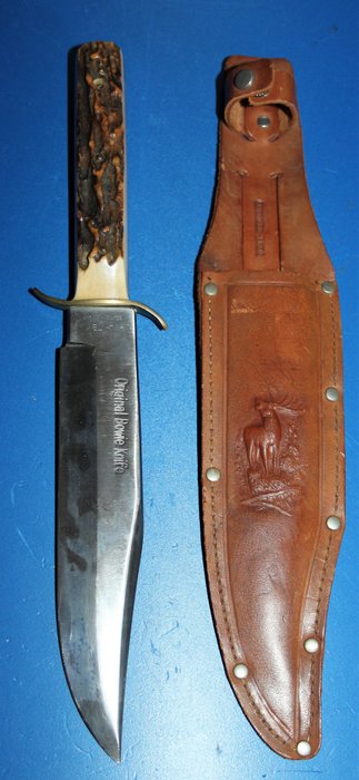 Original Bowie Knife by Whitby, Solingen made, with leather sheath, horn hilt, in good condition, total length 32 cm