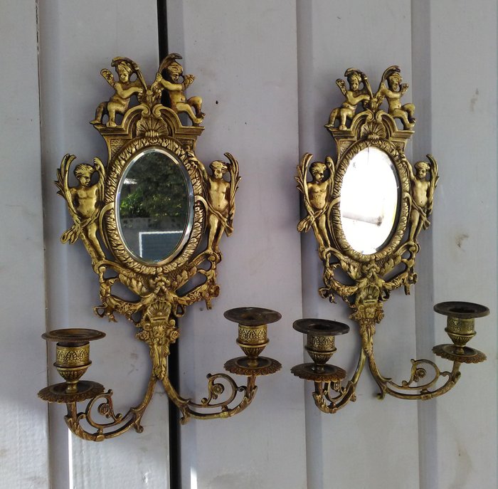 Miroirs muraux en bronze avec chandeliers - Paire de 2