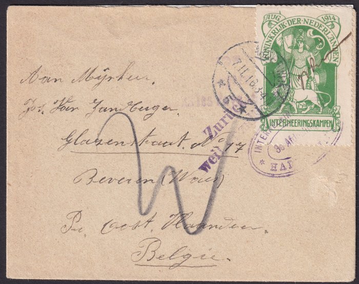 Niederlande 1916 Internierung Nvph In1 Auf Brief Nach Belgien