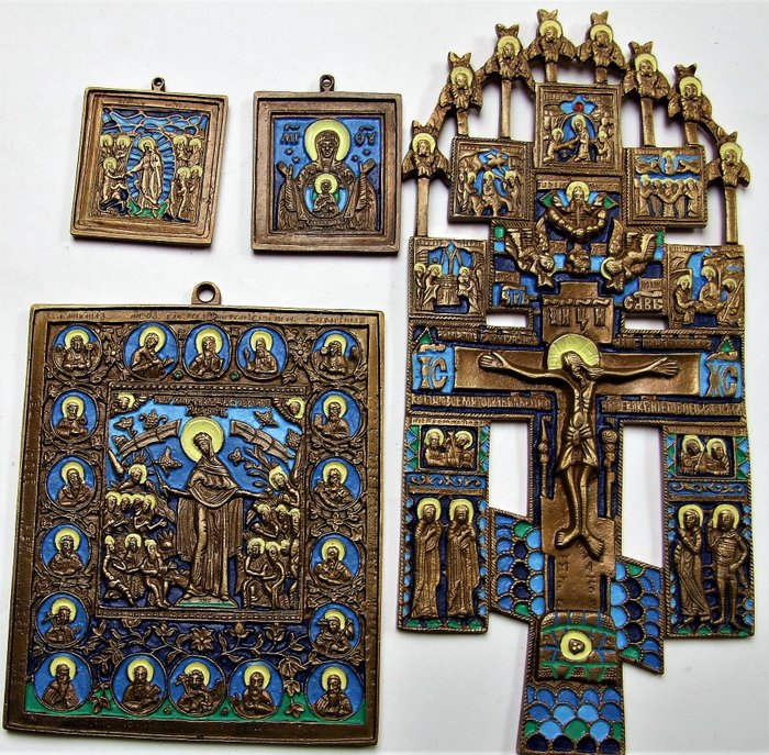 Russische 4 orthodoxe reispictogrammen - bronzen gietstukken ~ Icoon - Brons
