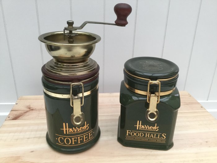 Harrods Knightsbridge Moedor de café Harrods Knightsbridge e caixa de chá - Harrods Knightsbridge - cerâmica, madeira e cobre