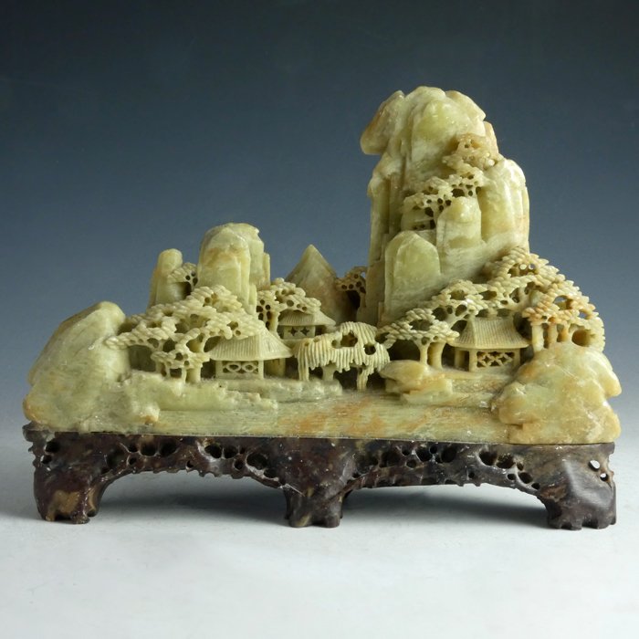 Chinese green soapstone landscape carving - China - 2nd half 20th century
