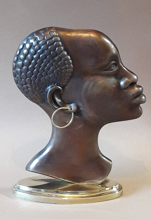 Beeld - Hoofd/profiel van een Afrikaanse vrouw - brons, messing - Art Deco
