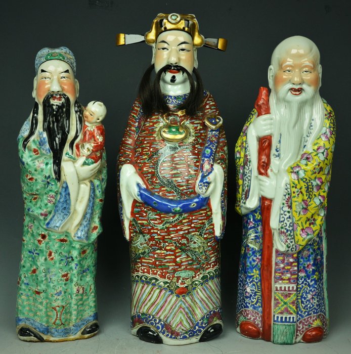 Famille Rose Porcelain Fu Lu Shou Figures Statue - China - Republic period ( 1912 - 1949 )