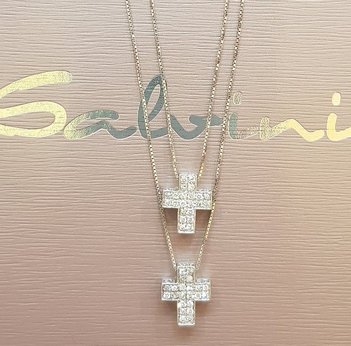 SALVINI double strand necklace with crosses in 18 kt white gold and diamonds, 1.3 x 1 cm Low reserve price